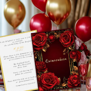 Red Roses Gold Frame Quinceañera Foil Invitation