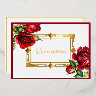 Red Roses Gold Frame Quinceañera  Folieneinladung