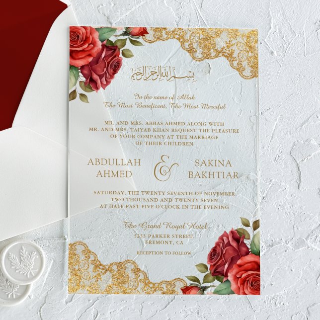 Red Roses Gold Lace Muslim Wedding Acryleinladungen (Von Creator hochgeladen)