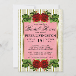 Red Roses Gold Stripes Bridal Douche Invitations