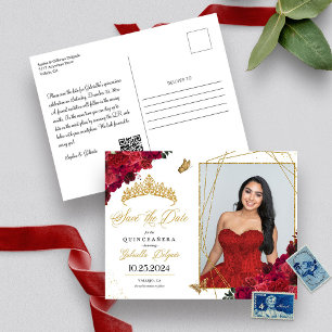 Red Roses & Gold Tiara Quinceañera Photo Carte pos