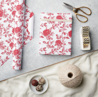 Red Roses on White Toile De Jouy Geschenkpapier
