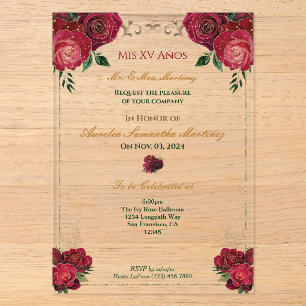 Red Roses Quinceañera FloralAcrylique Invitation