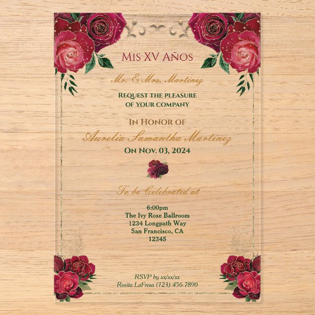 Red Roses Quinceañera FloralAcrylique Invitation (Recto)