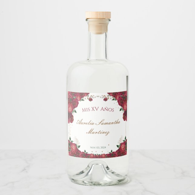 Red Roses Quinceañera Liquor Bottle Étiquettes (Devant)