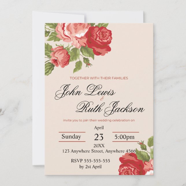Red Roses Script Wedding Invitation | Elegant Roma (Devant)