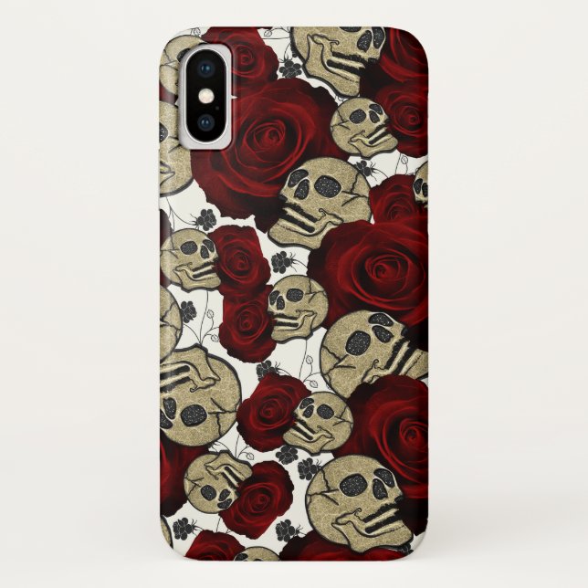 Red Roses & Skulls Black Floral Gothic White Case-Mate iPhone Hülle (Rückseite)