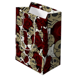 Red Roses & Skulls Black Floral Gothic White Mittlere Geschenktüte