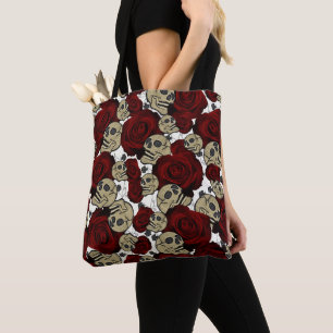 Red Roses & Skulls Black Floral Gothic White Tasche