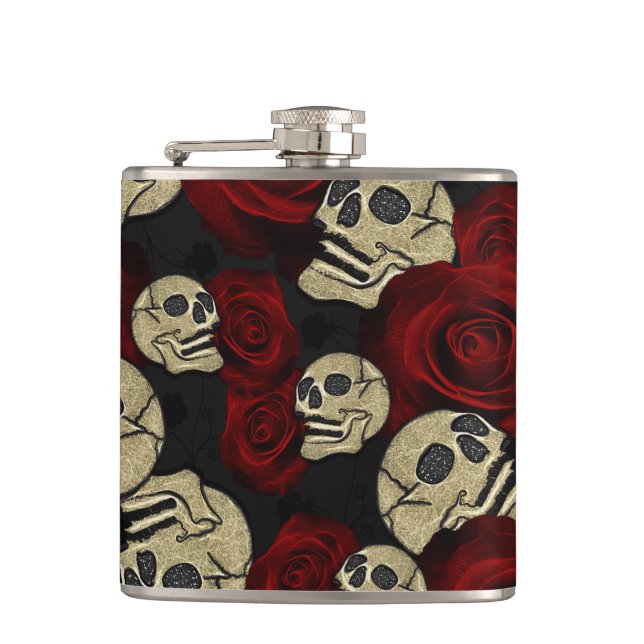 Red Roses & Skulls Grey Black Floral Gothic Flachmann (Vorderseite)