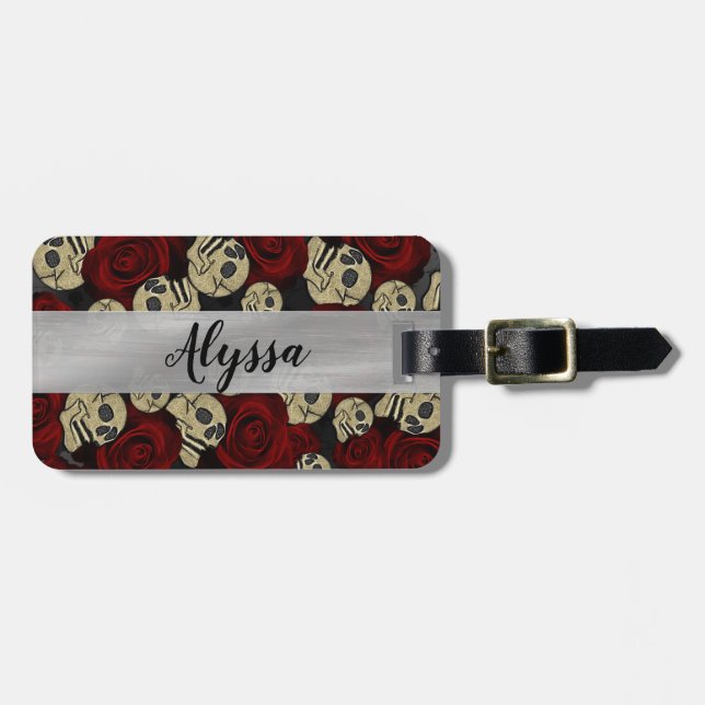 Red Roses & Skulls Grey Black Floral Gothic Gepäckanhänger (Vorderseite horizontal)