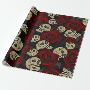 Red Roses & Skulls Grey Black Floral Gothic Geschenkpapier