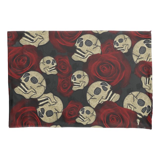 Red Roses & Skulls Grey Black Floral Gothic Kissenbezug (Vorderseite)