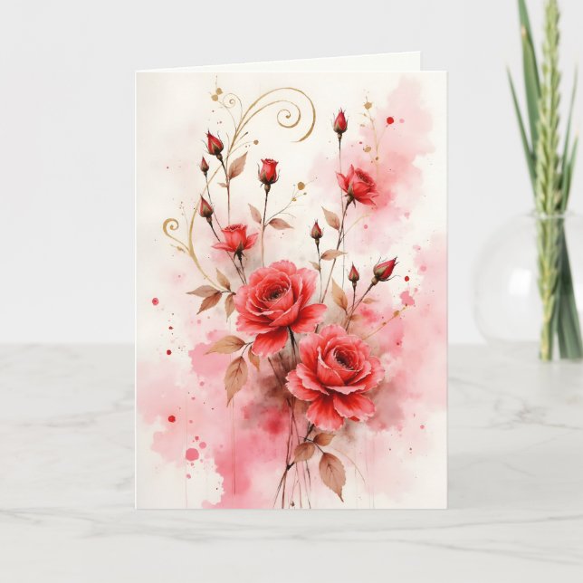Red Roses Watercolor Anniversary Valentine's Day Karte (Vorderseite)