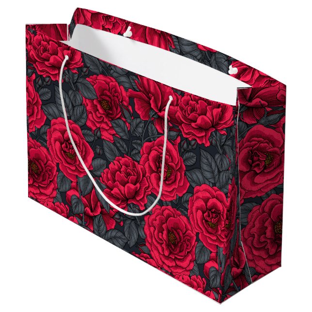 Red Roses with gray leaves Große Geschenktüte (Rückseite Schrägansicht)