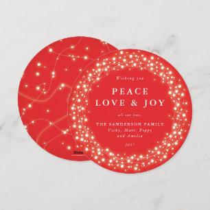 Red Round Sparkling Lights Peace Liebe + Joy Feiertagskarte