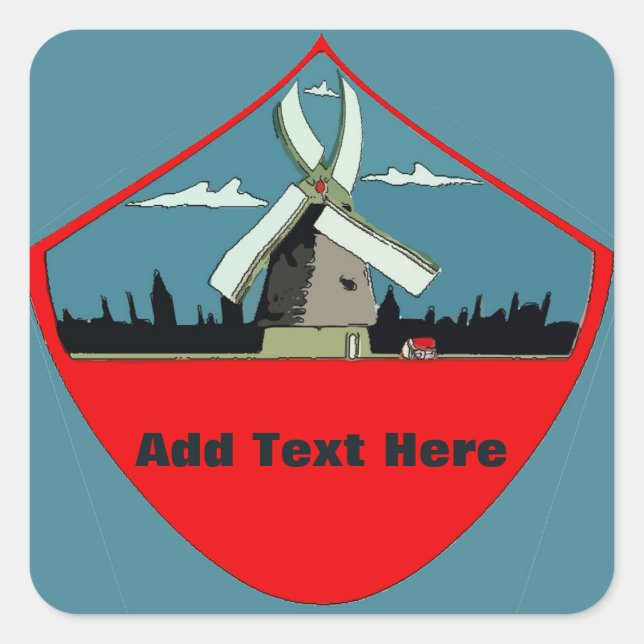 Red Round-Text von Windmühle Quadratischer Aufkleber (Vorderseite)