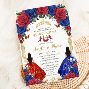 Red Royal Blue Floral Girls Twins Quinceñera XV Einladung