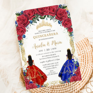 Red Royal Blue Floral Girls Twins Quinceñera XV Einladung