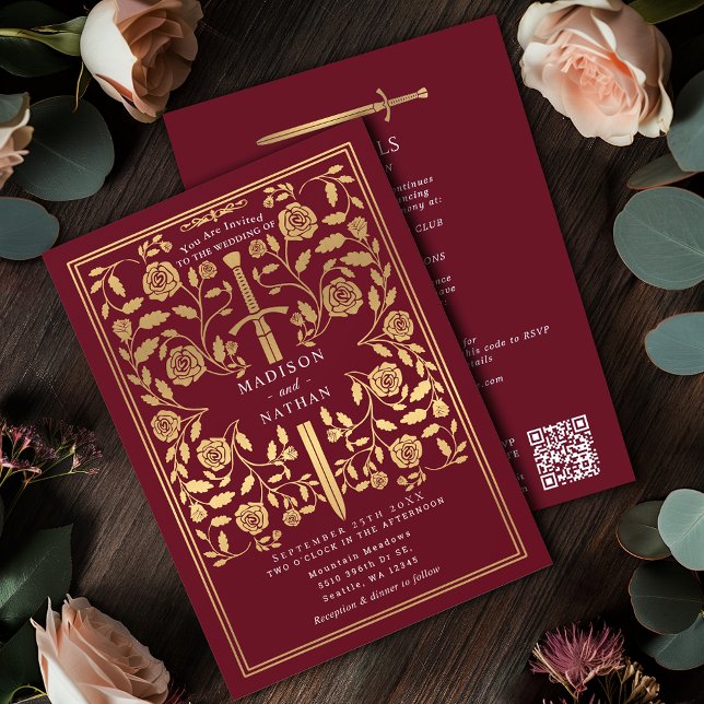 Red Royal Medieval Gold Sword Wedding QR Code Einladung (Von Creator hochgeladen)