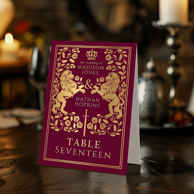 Red Royal Medieval Lion Wedding Tischaufsteller (Von Creator hochgeladen)