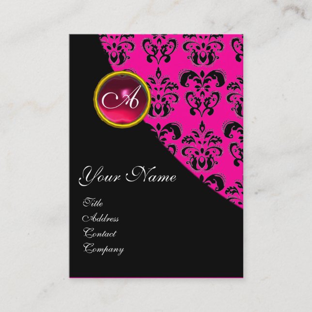 RED RUBY DAMASK MONOGRAMM fuchsia rosa Visitenkarte (Vorderseite)