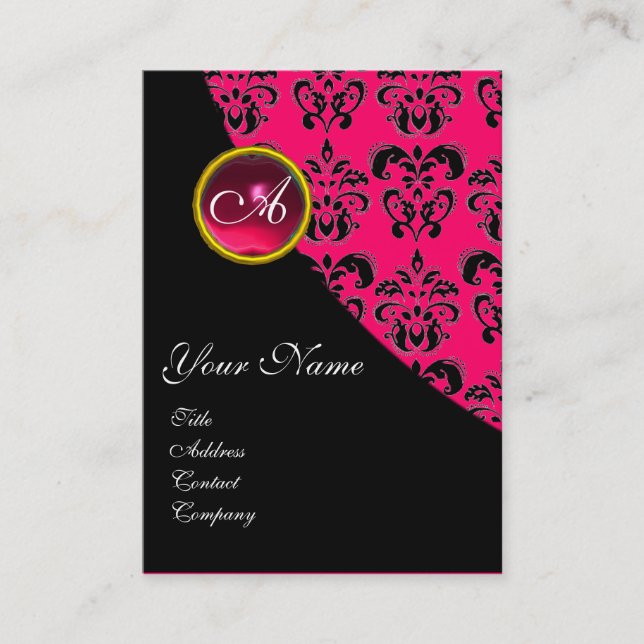 RED RUBY DAMASK MONOGRAMM fuchsia rosa Visitenkarte (Vorderseite)