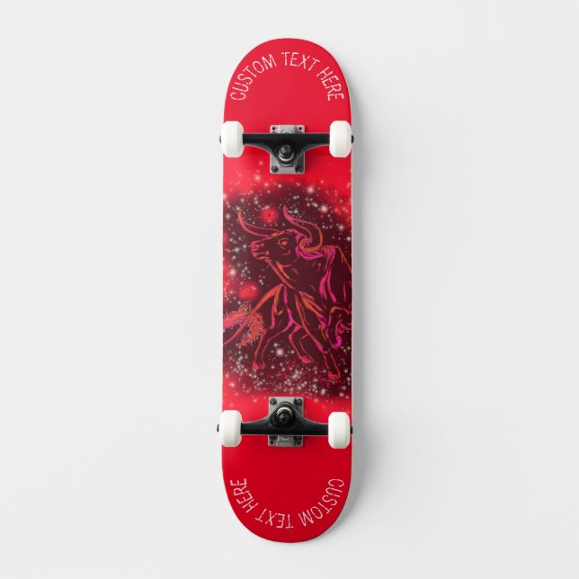 Red Running Bull auf Starry Night Skateboard (Vorderseite)