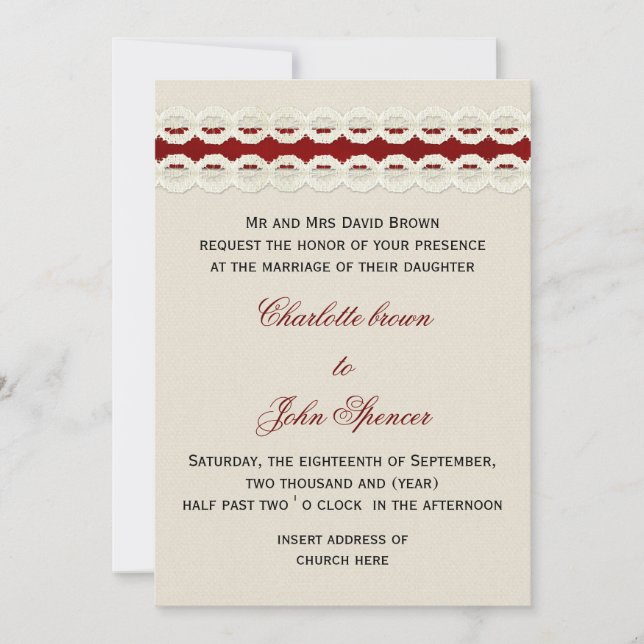 Red Rustic Burlap und Spitzen Country Hochzeit Einladung (Vorderseite)