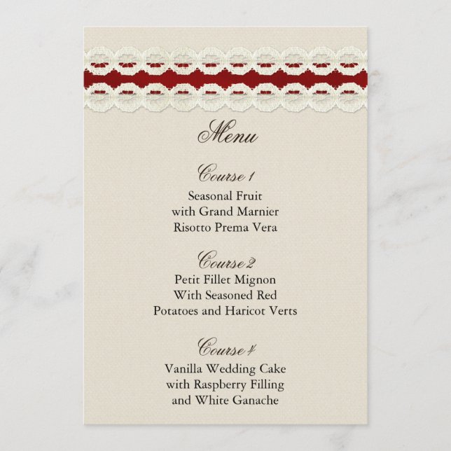 Red Rustic Burlap und Spitzen Country Hochzeit Menükarte (Vorderseite)