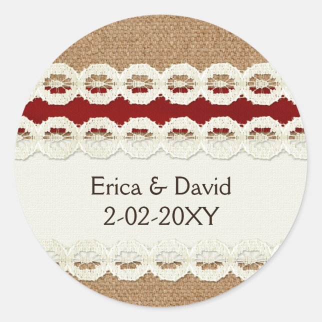 Red Rustic Burlap und Spitzen Country Hochzeit Runder Aufkleber (Vorderseite)