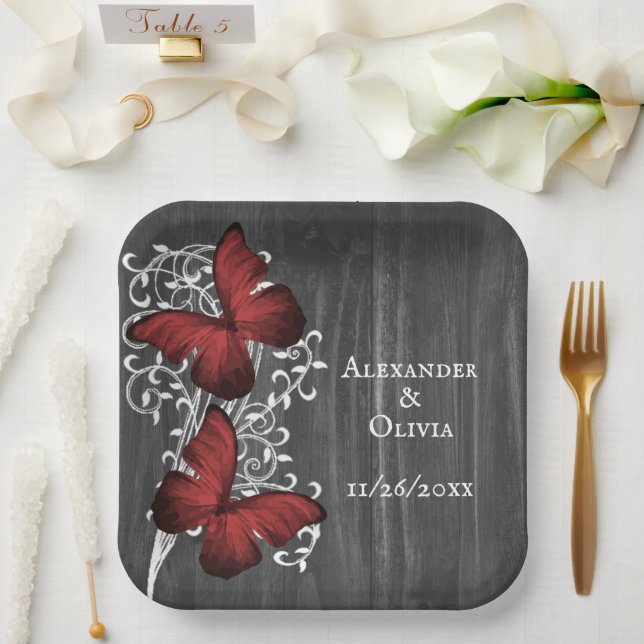Red Rustic Butterfly Polterabend Pappteller (Hochzeit)