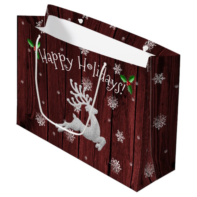 Red Rustic Christmas Rentier Geschenktasche Große Geschenktüte (Vorderseite Schrägansicht)