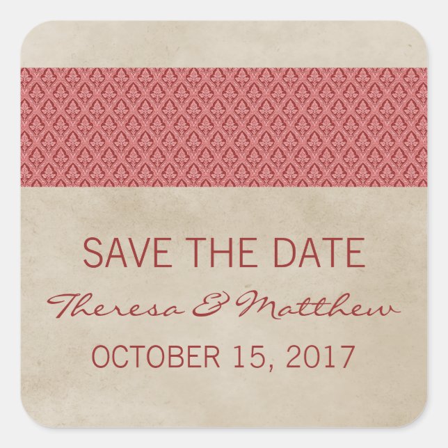 Red Rustic Damask Save the Date Stickers (Vorderseite)
