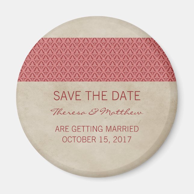 Red Rustic Damask Speichern Sie das Date Magnet (Vorne)