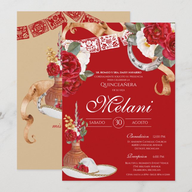 Red Rustic Floral Charro Quinceanera Geburtstag Einladung (Vorne/Hinten)