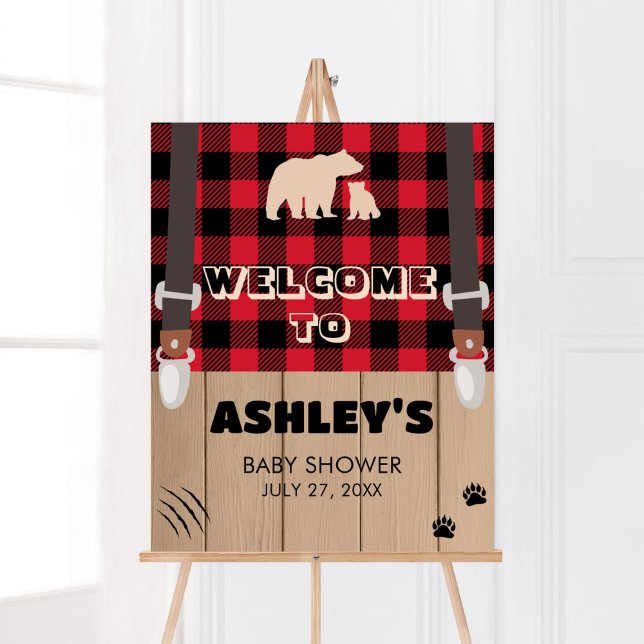 Red Rustic Kariert Lumberjack Baby Dusche Willkomm Poster (Plaid Lumberjack Baby Shower Welcome Sign)
