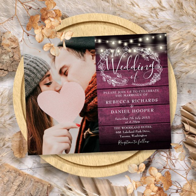 Red Rustic Lights Foto Hochzeit Einladung (Budget Red Rustic Lights Photo Wedding Invite)