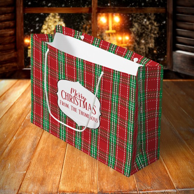 Red Rustic Tartan Kariertes Muster Winterurlaub Große Geschenktüte (Merry Christmas red and green plaid pattern large gift bag)