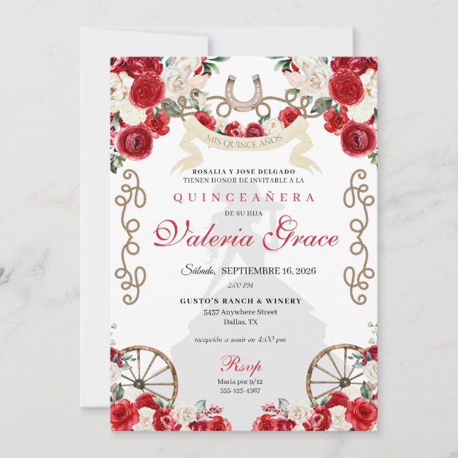 Red Rustic Western Charro Woman Quinceañera Einladung (Vorderseite)