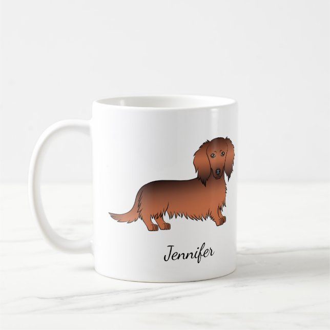 Red Sable Long Hair Dackel Cartoon Dog & Name Kaffeetasse (Links)