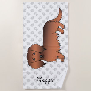 Red Sable Long Hair Dackel Cartoon Dog & Name Strandtuch