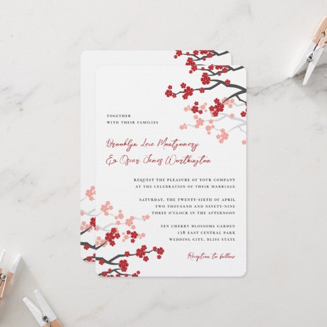 Red Sakura Blume Kirschblüten Asiatische Hochzeit Einladung (Vorderseite/Rückseite Beispiel)