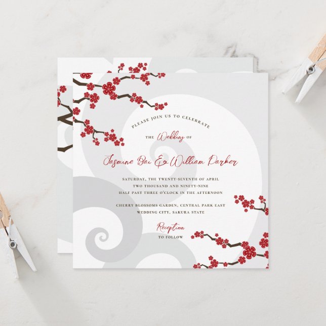 Red Sakura Blume Kirschblüten Wirbel Hochzeit Einladung (Vorderseite/Rückseite Beispiel)