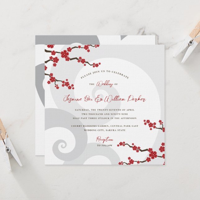 Red Sakura Blume Kirschblüten Wirbel Hochzeit Einladung (Vorderseite/Rückseite Beispiel)
