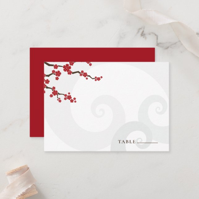 Red Sakura Blume Kirschblüten Wirbel Hochzeit Platzkarte (Vorderseite/Rückseite Beispiel)