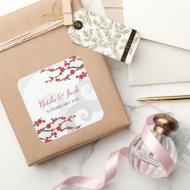 Red Sakura Blume Kirschblüten Wirbel Hochzeit Quadratischer Aufkleber (Schenken)