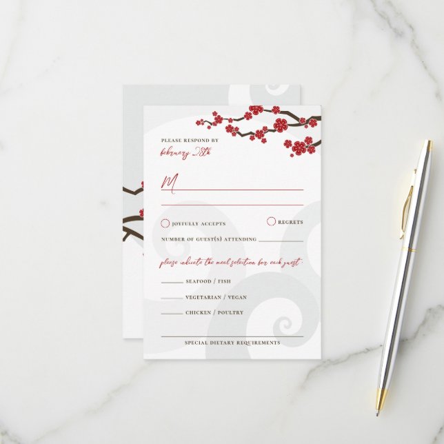 Red Sakura Blume Kirschblüten Wirbel Hochzeit RSVP Karte (Vorderseite/Rückseite Beispiel)