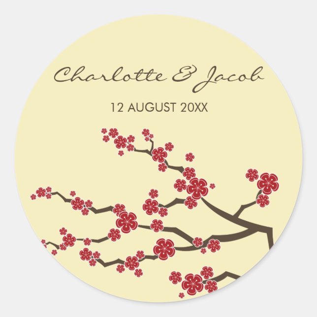 Red Sakura Cherry Blüten Asiatische Hochzeitsticke Runder Aufkleber (Vorderseite)