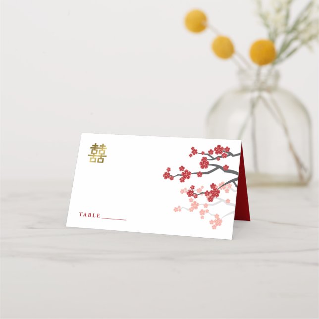 Red Sakura Golden Double Happiness Chinese Wedding Platzkarte (Vorderseite)